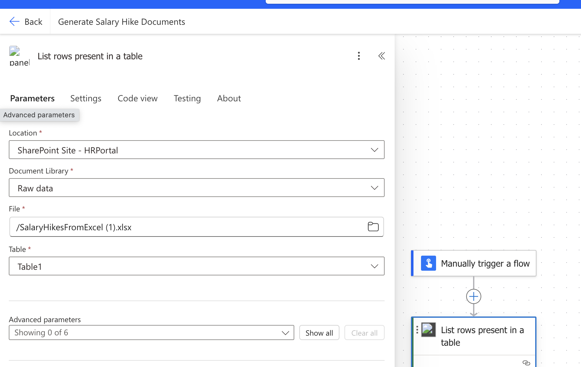 get excel rows from table